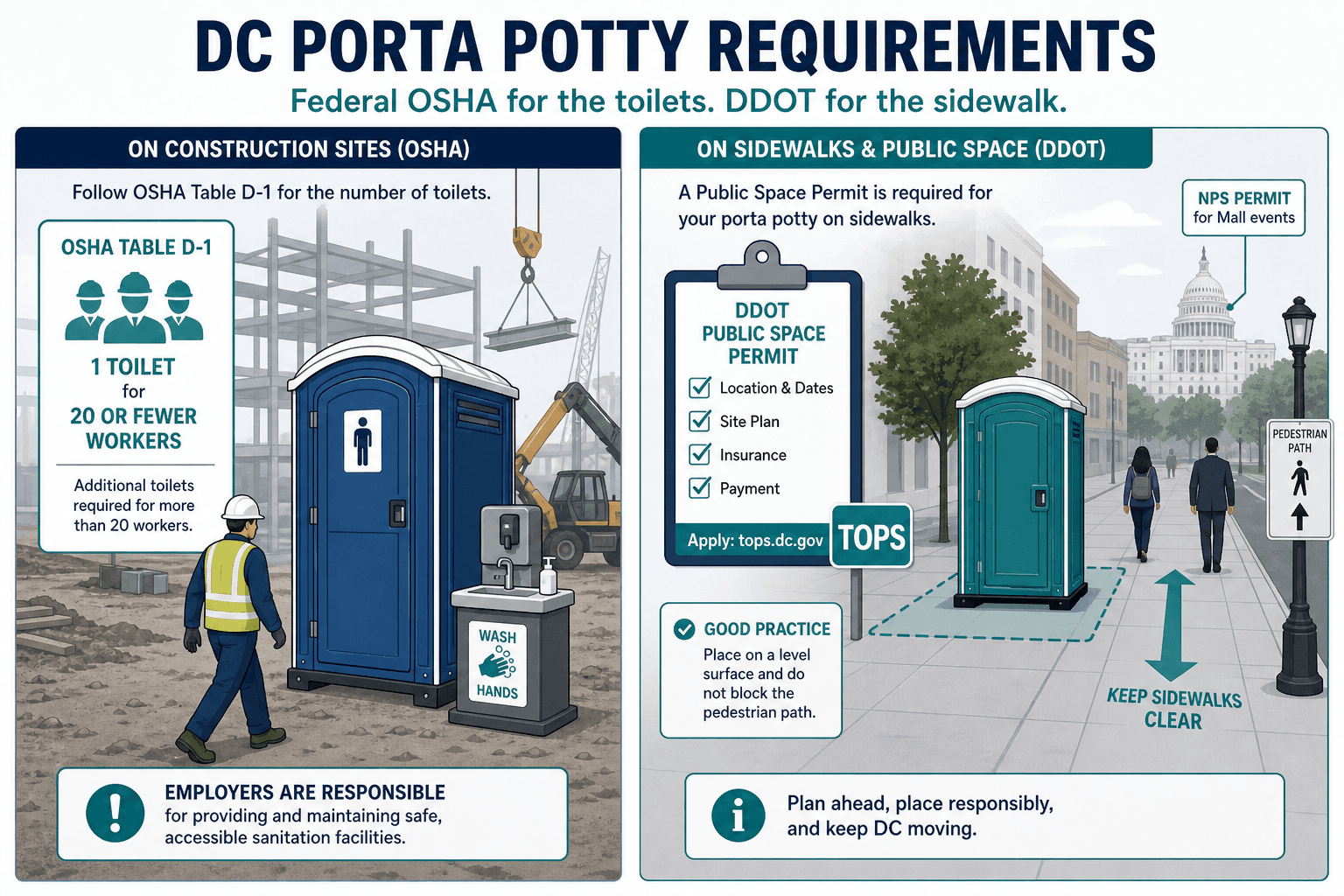 Washington DC porta potty requirements: federal OSHA toilet counts and DDOT public space placement
