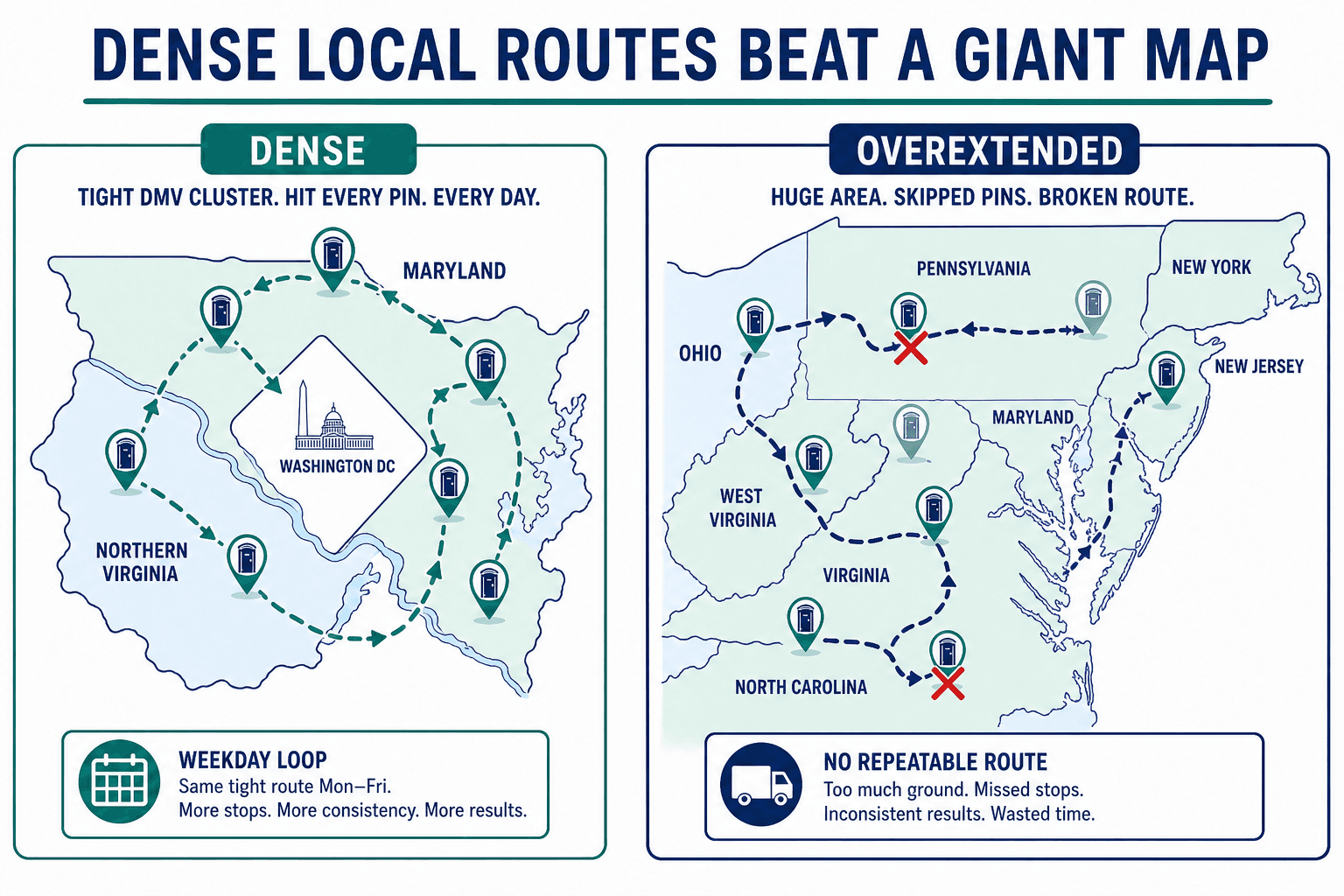 Dense Local Porta Potty Routes Beat a Giant Coverage Map, illustrated guide