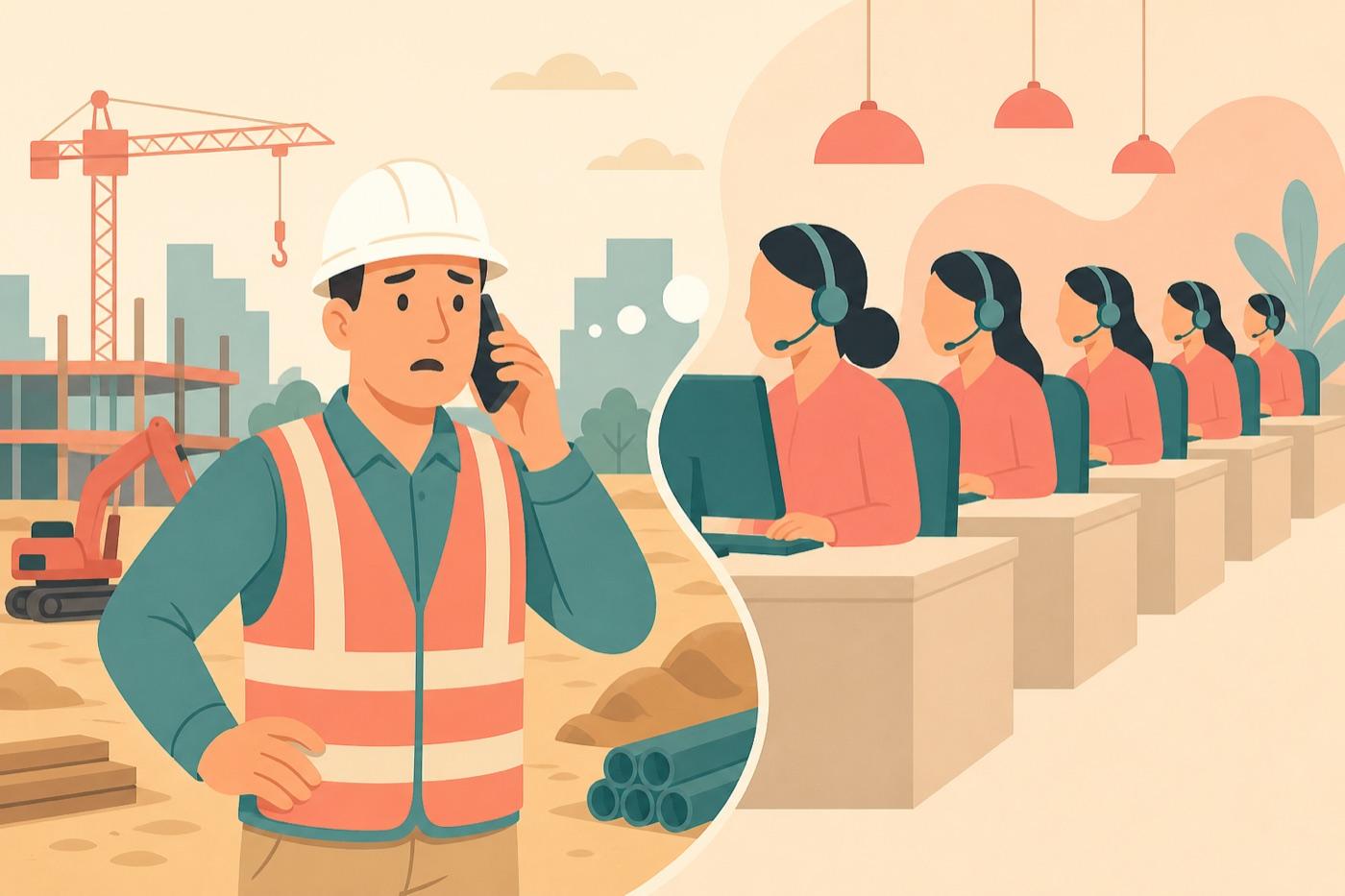 Superintendent on a job site calling a distant call center after paying for a porta potty that has not arrived