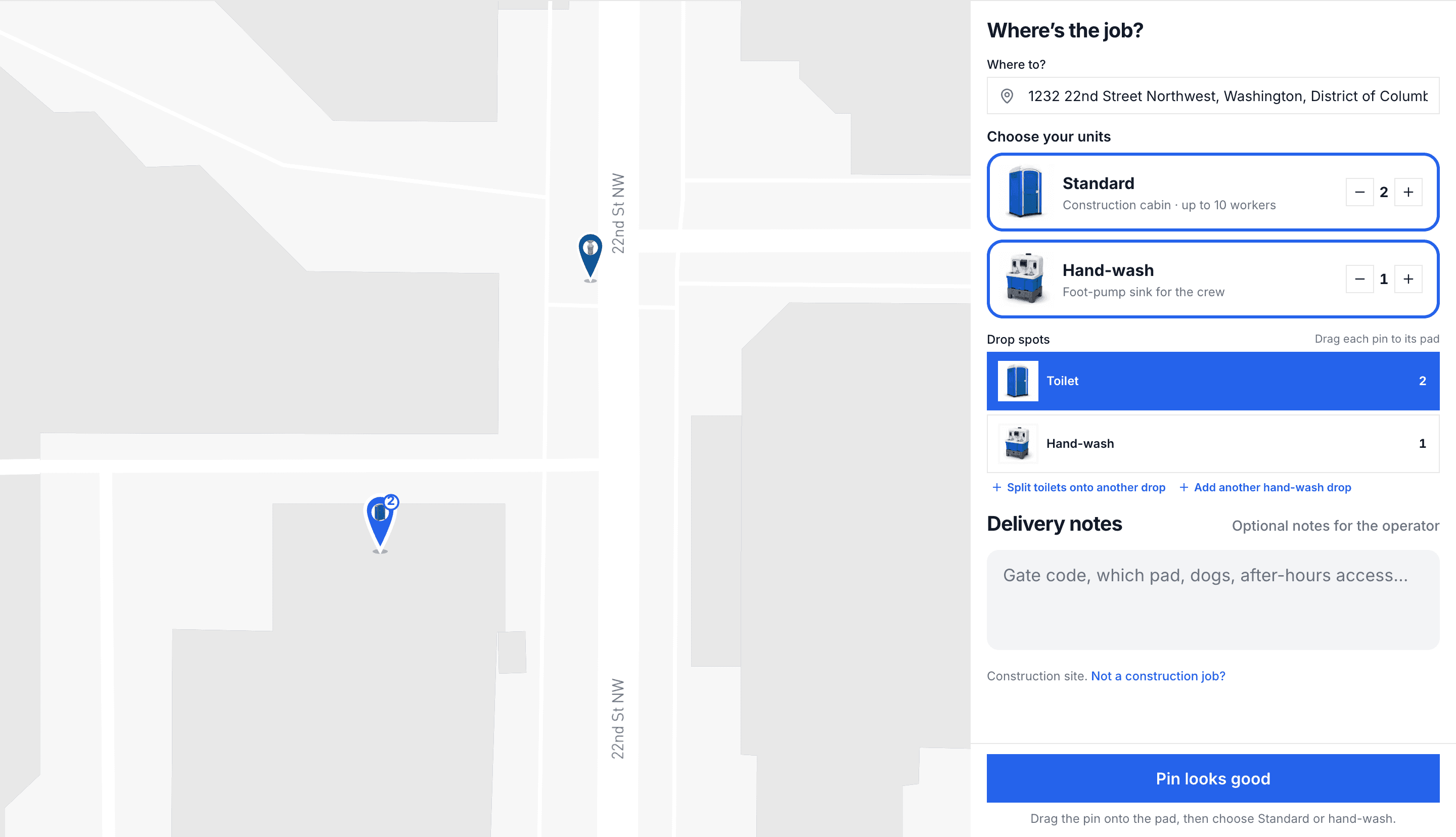 Quote map: pin standard porta potties and a hand-wash station on the job site